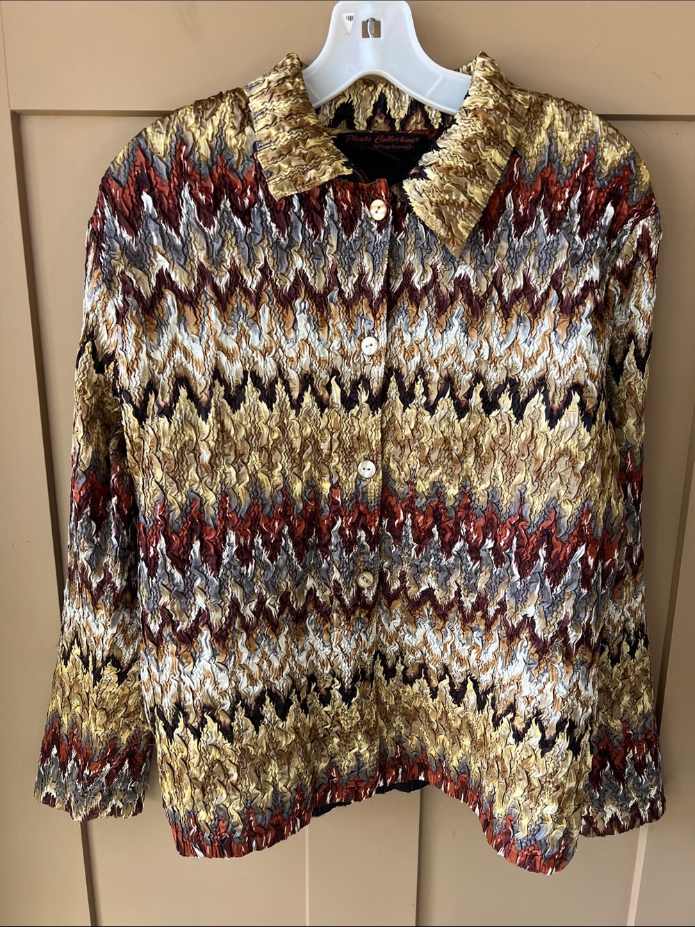 Pleats Collection Sz L Reversible Jacket Pleated Earth Tones Chevron